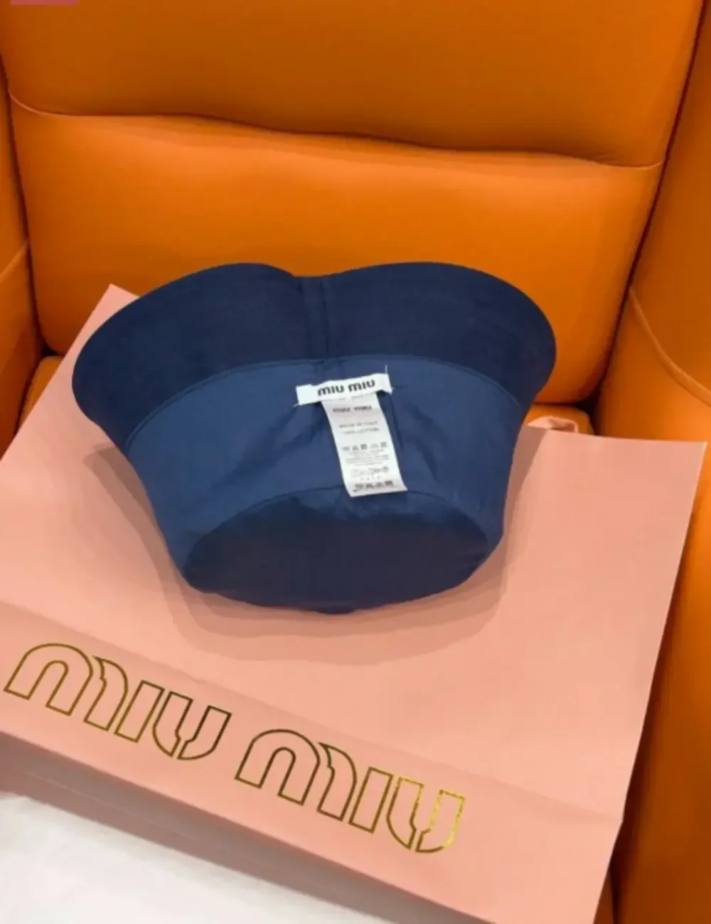 Miu Miu Navy Blue Logo Embroidered Bucket Hat with Drawstring